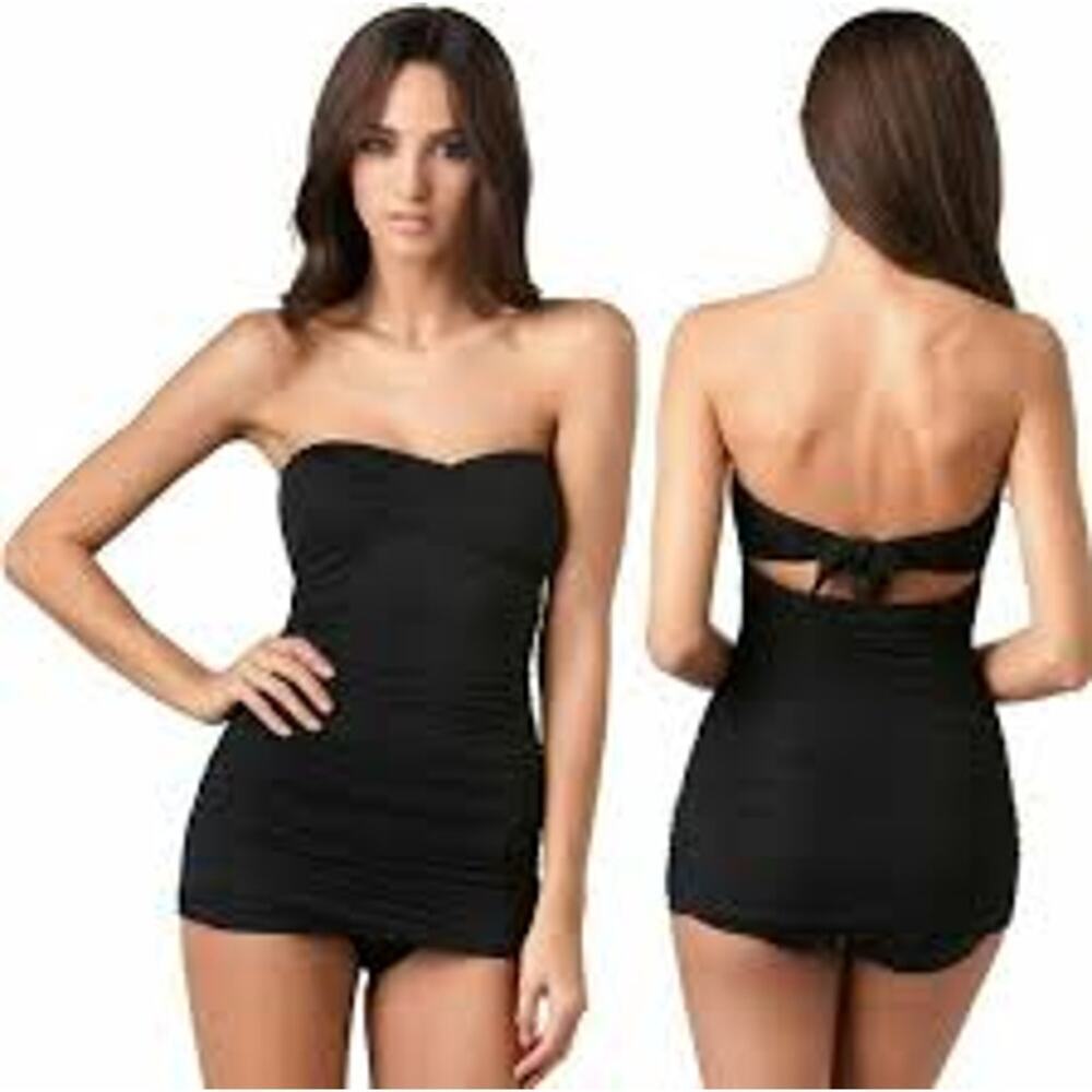 NWT Carmen Valvo Black Twist Front Strapless Open back 1 Piece Swimsuit size 12